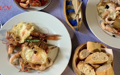 CIGALAS CON HUEVOS FRITOS Y PATATAS HASSELBACK